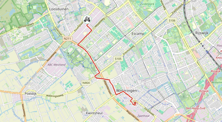 Kaart van de omgeving van de melding, met de kazerne die is gealarmeerd