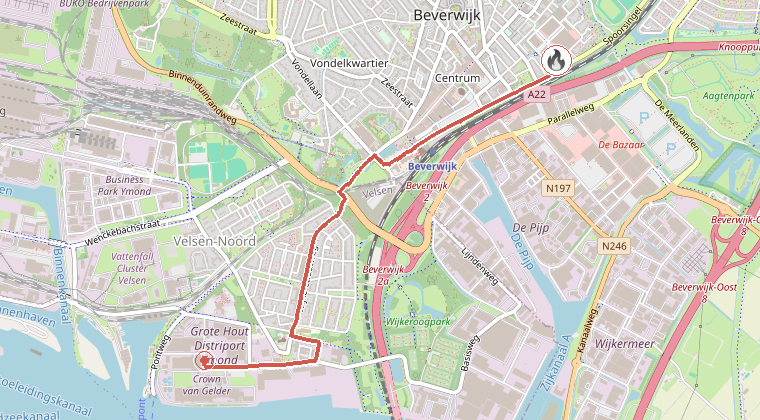 Kaart van de omgeving van de melding, met de kazerne die is gealarmeerd