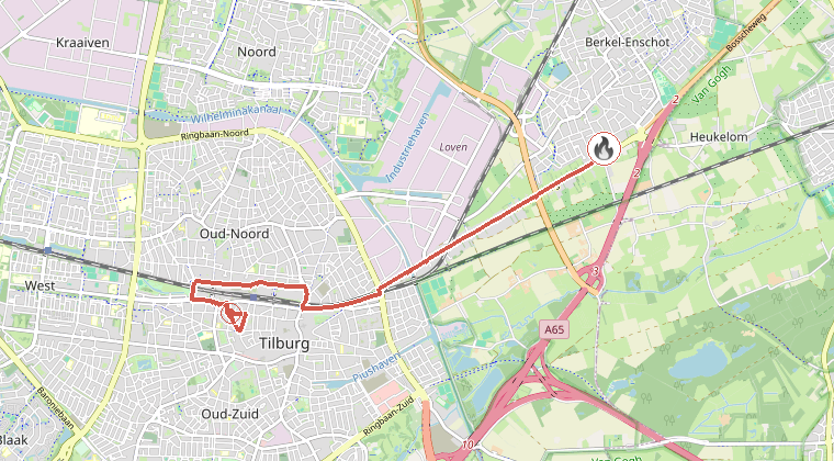 Kaart van de omgeving van de melding, met de kazerne die is gealarmeerd
