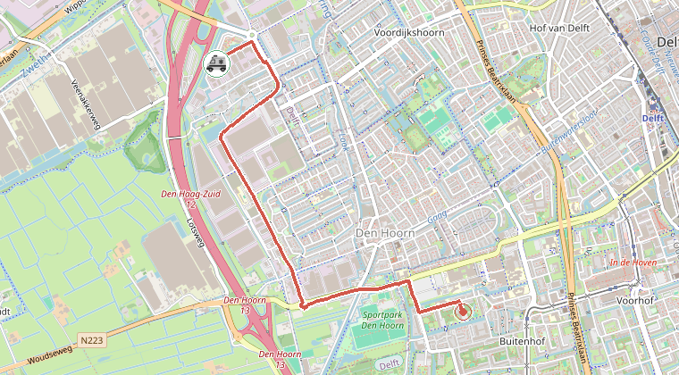 Kaart van de omgeving van de melding, met de kazerne die is gealarmeerd
