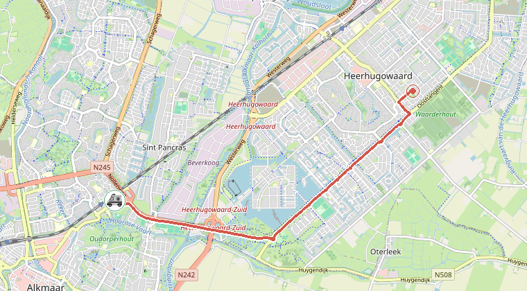 Kaart van de omgeving van de melding, met de kazerne die is gealarmeerd
