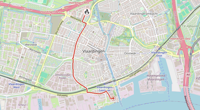 Kaart van de omgeving van de melding, met de kazerne die is gealarmeerd