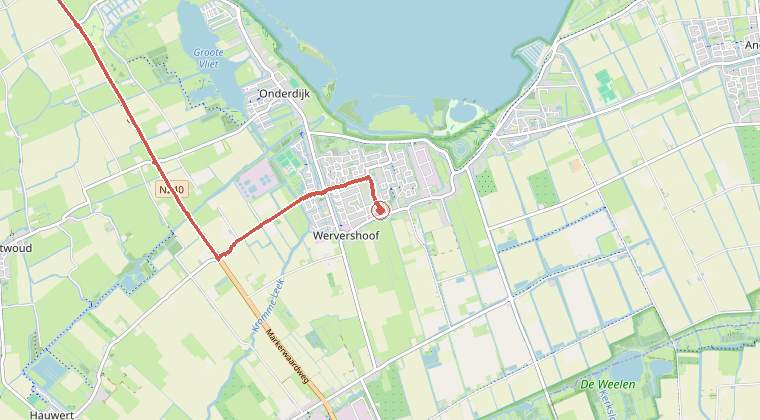 Kaart van de omgeving van de melding, met de kazerne die is gealarmeerd
