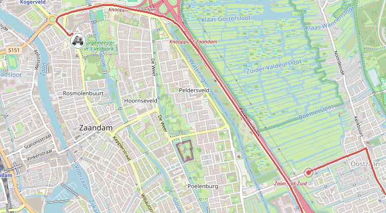 Kaart van de omgeving van de melding, met de kazerne die is gealarmeerd