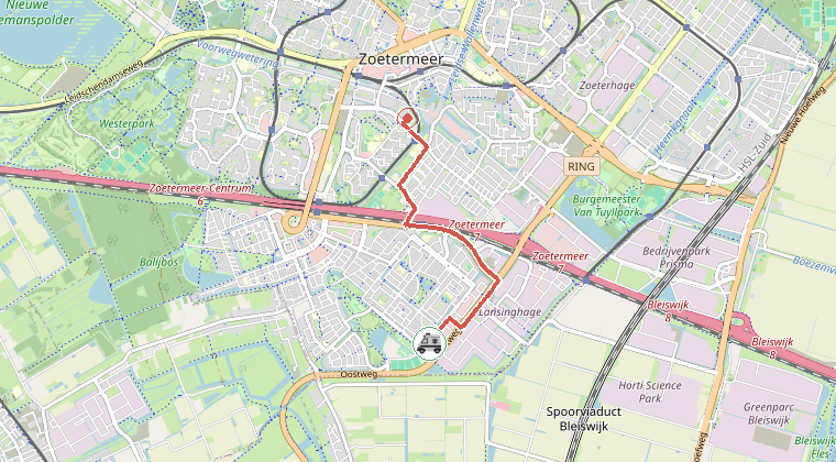 Kaart van de omgeving van de melding, met de kazerne die is gealarmeerd