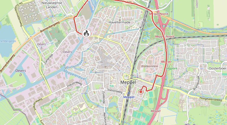 Kaart van de omgeving van de melding, met de kazerne die is gealarmeerd