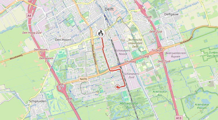 Kaart van de omgeving van de melding, met de kazerne die is gealarmeerd