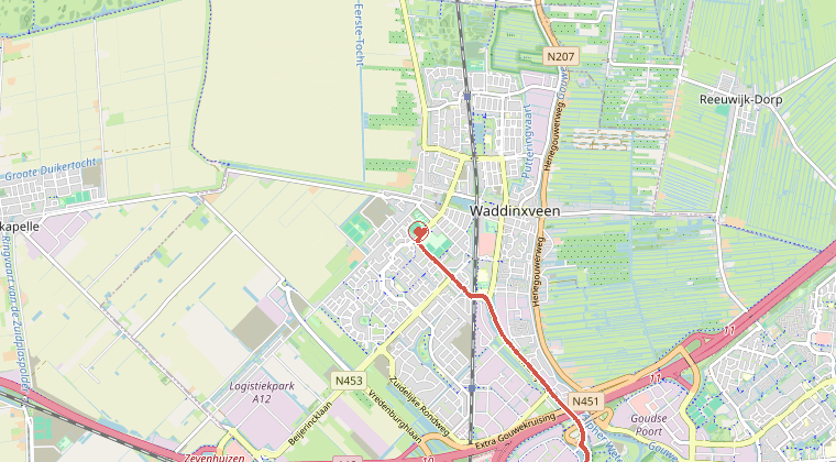 Kaart van de omgeving van de melding, met de kazerne die is gealarmeerd