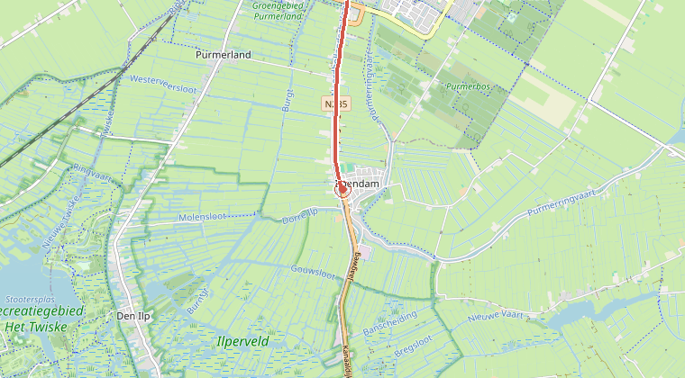 Kaart van de omgeving van de melding, met de kazerne die is gealarmeerd