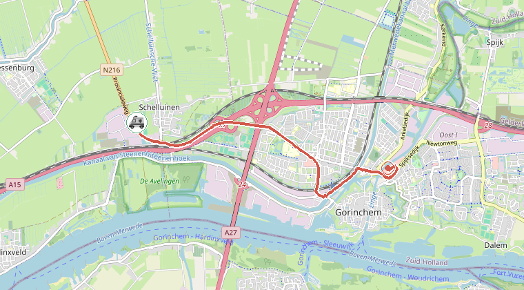 Kaart van de omgeving van de melding, met de kazerne die is gealarmeerd