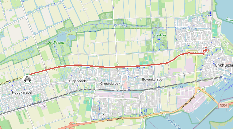 Kaart van de omgeving van de melding, met de kazerne die is gealarmeerd