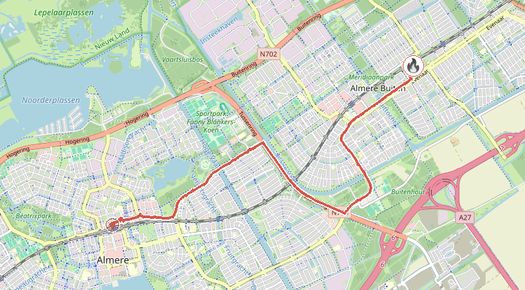 Kaart van de omgeving van de melding, met de kazerne die is gealarmeerd