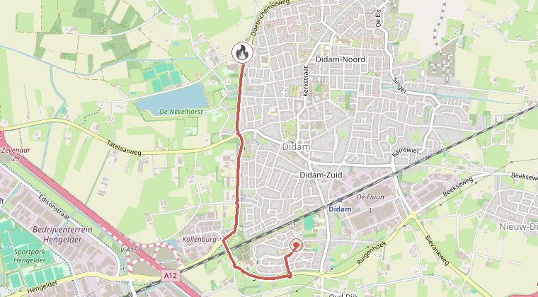 Kaart van de omgeving van de melding, met de kazerne die is gealarmeerd