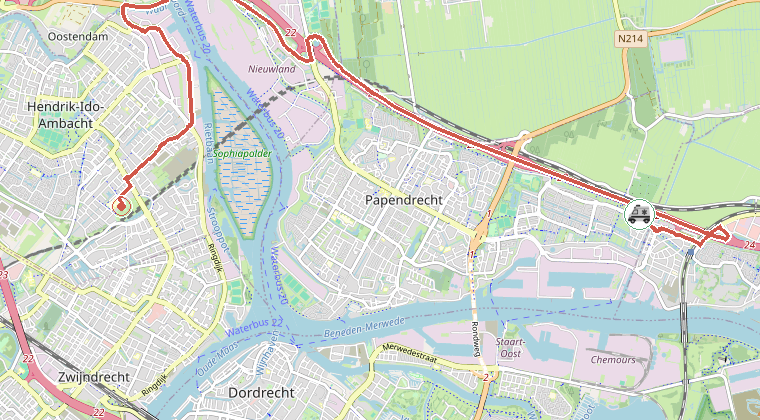 Kaart van de omgeving van de melding, met de kazerne die is gealarmeerd