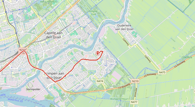Kaart van de omgeving van de melding, met de kazerne die is gealarmeerd