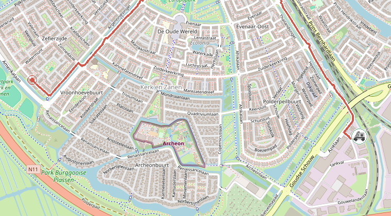 Kaart van de omgeving van de melding, met de kazerne die is gealarmeerd