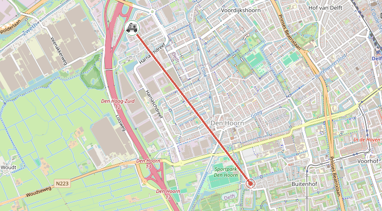 Kaart van de omgeving van de melding, met de kazerne die is gealarmeerd