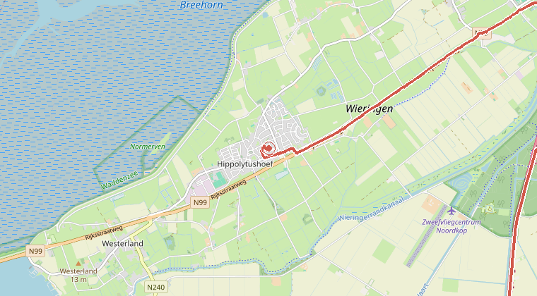 Kaart van de omgeving van de melding, met de kazerne die is gealarmeerd