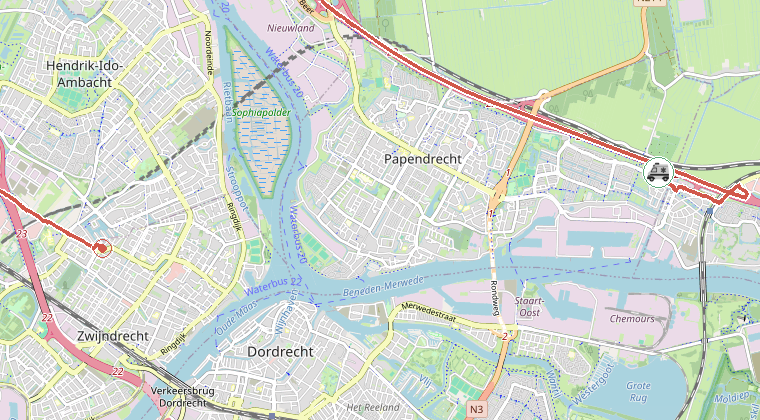 Kaart van de omgeving van de melding, met de kazerne die is gealarmeerd