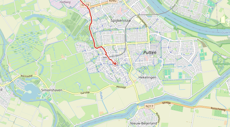 Kaart van de omgeving van de melding, met de kazerne die is gealarmeerd