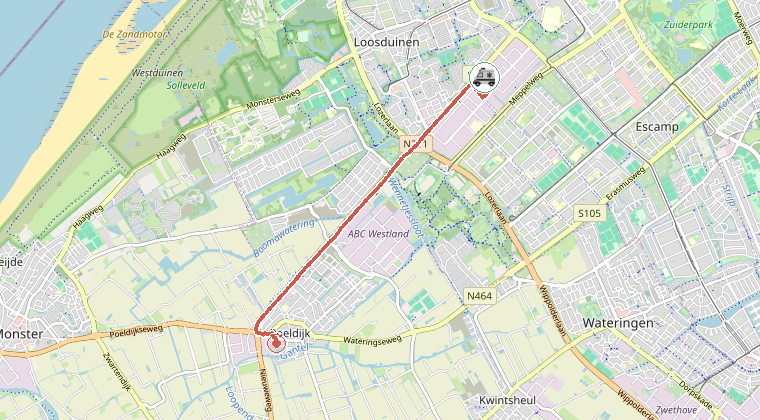 Kaart van de omgeving van de melding, met de kazerne die is gealarmeerd