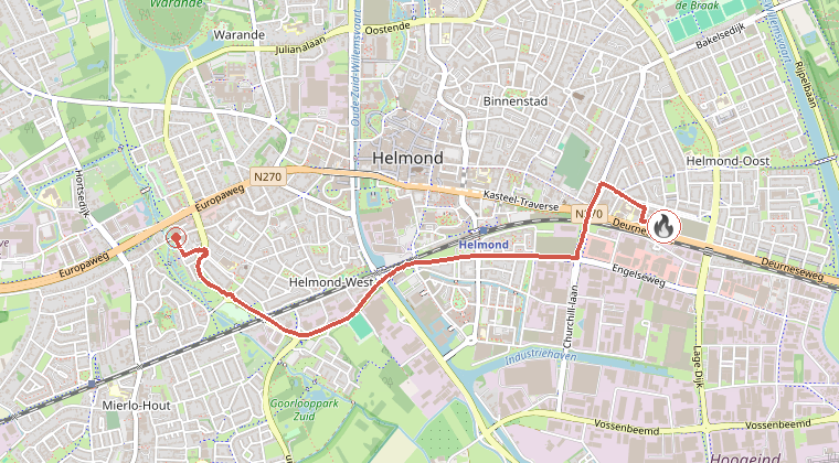 Kaart van de omgeving van de melding, met de kazerne die is gealarmeerd