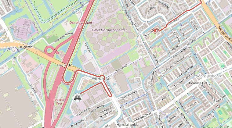 Kaart van de omgeving van de melding, met de kazerne die is gealarmeerd