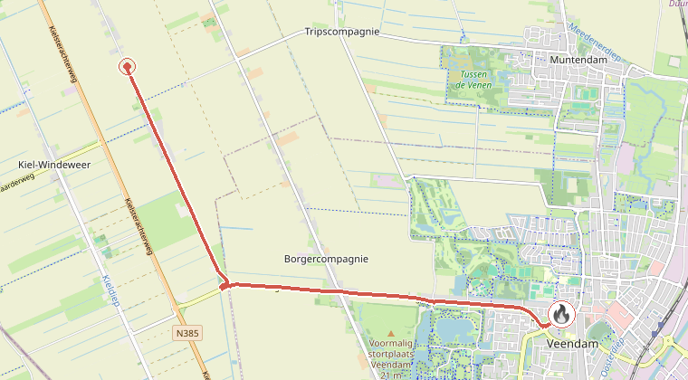 Kaart van de omgeving van de melding, met de kazerne die is gealarmeerd