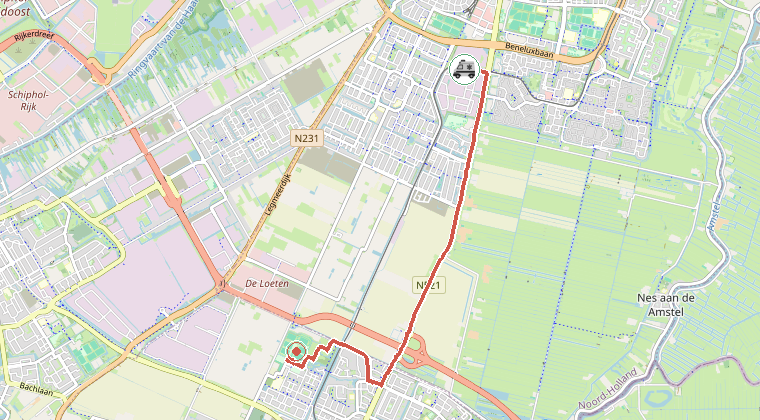 Kaart van de omgeving van de melding, met de kazerne die is gealarmeerd