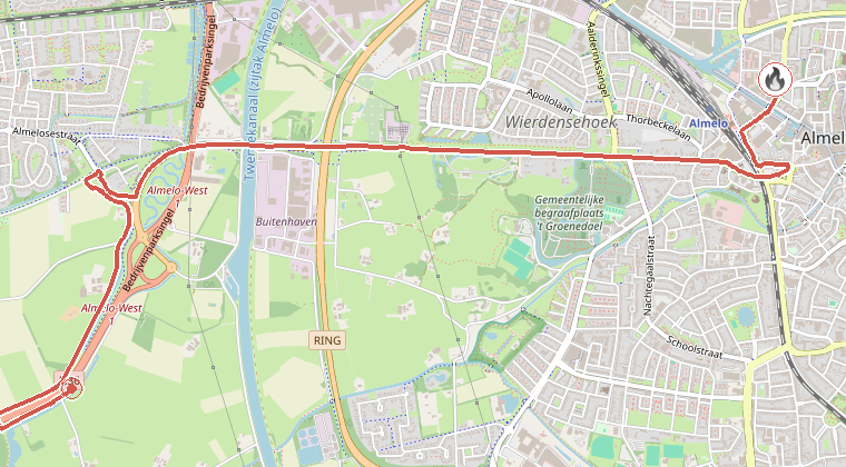 Kaart van de omgeving van de melding, met de kazerne die is gealarmeerd
