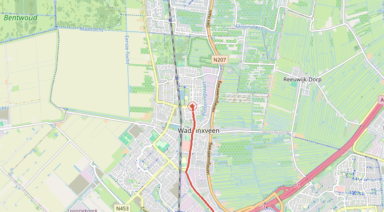 Kaart van de omgeving van de melding, met de kazerne die is gealarmeerd