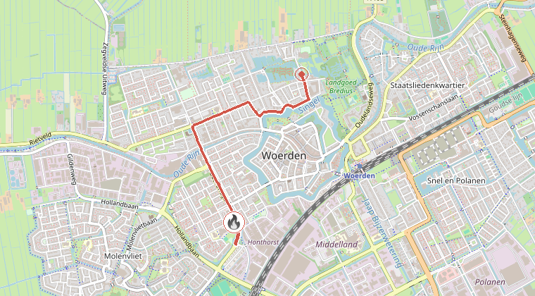 Kaart van de omgeving van de melding, met de kazerne die is gealarmeerd