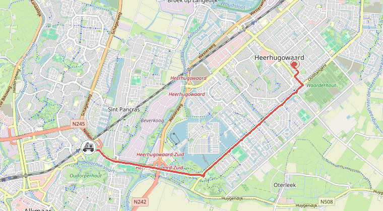 Kaart van de omgeving van de melding, met de kazerne die is gealarmeerd
