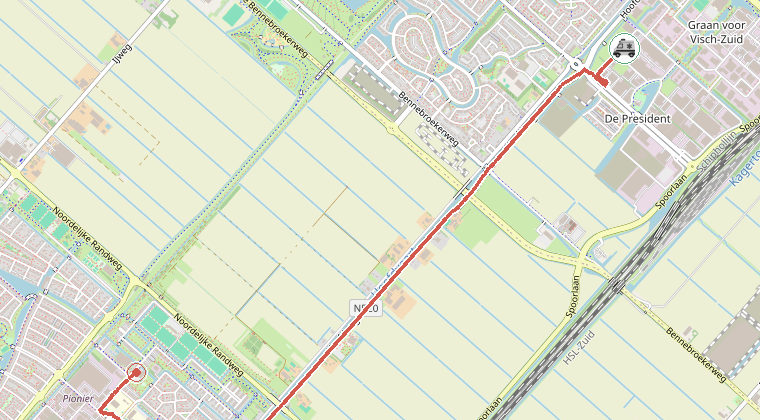 Kaart van de omgeving van de melding, met de kazerne die is gealarmeerd