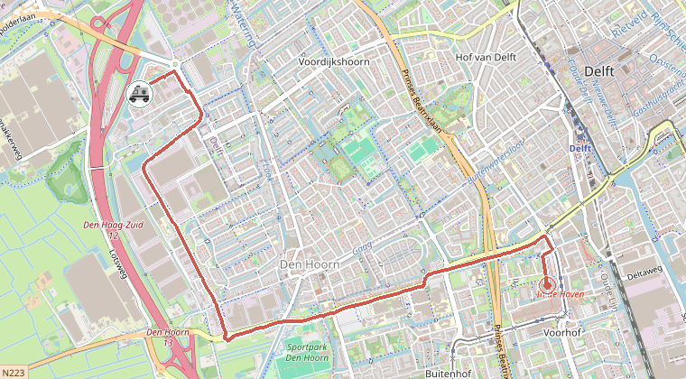 Kaart van de omgeving van de melding, met de kazerne die is gealarmeerd