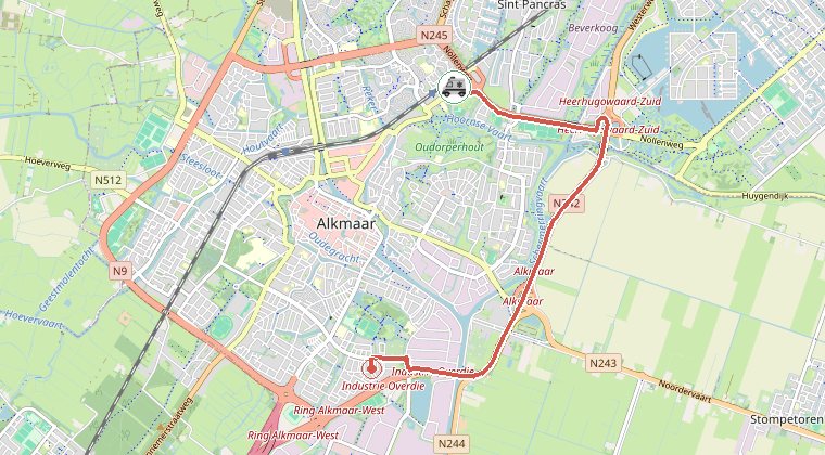 Kaart van de omgeving van de melding, met de kazerne die is gealarmeerd