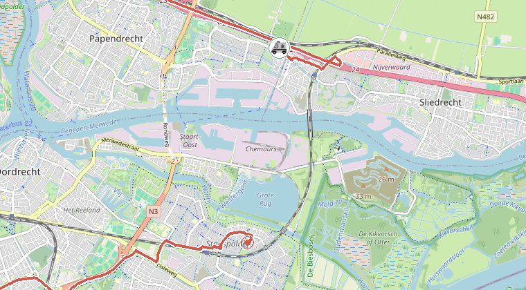 Kaart van de omgeving van de melding, met de kazerne die is gealarmeerd