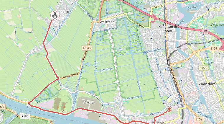 Kaart van de omgeving van de melding, met de kazerne die is gealarmeerd