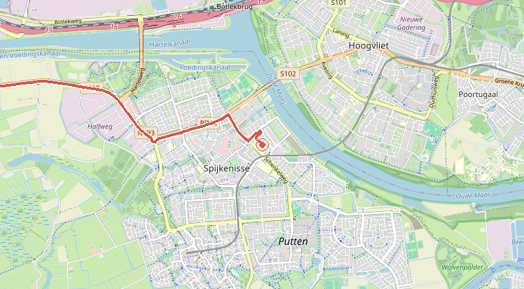 Kaart van de omgeving van de melding, met de kazerne die is gealarmeerd