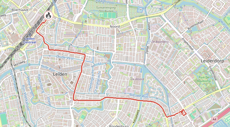 Kaart van de omgeving van de melding, met de kazerne die is gealarmeerd