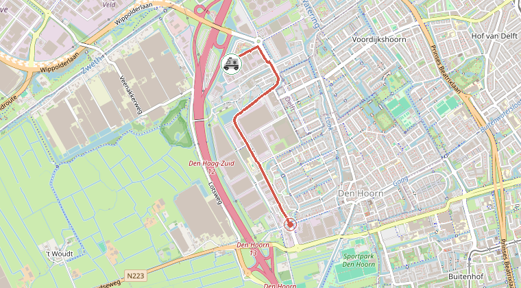 Kaart van de omgeving van de melding, met de kazerne die is gealarmeerd