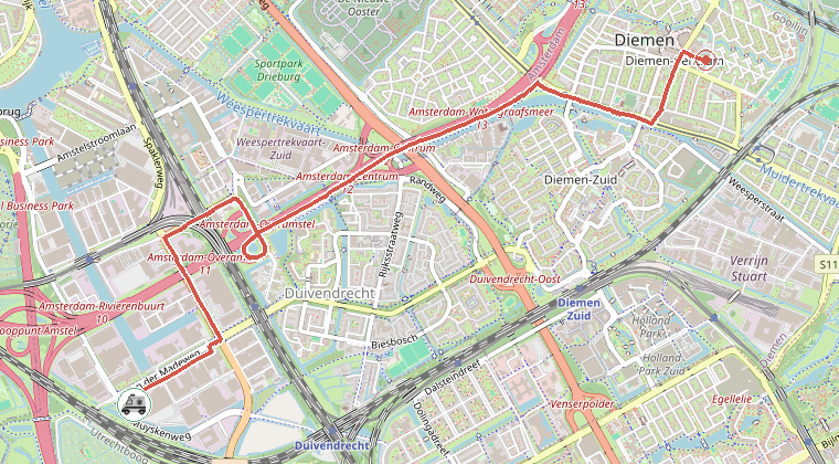 Kaart van de omgeving van de melding, met de kazerne die is gealarmeerd