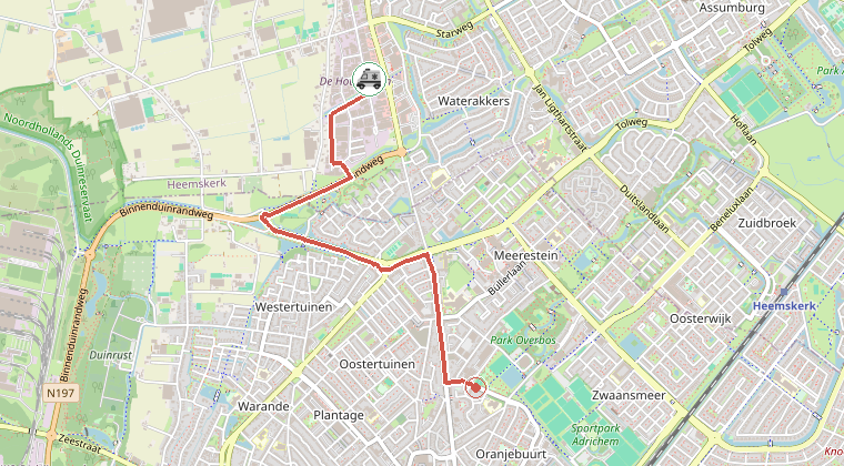 Kaart van de omgeving van de melding, met de kazerne die is gealarmeerd