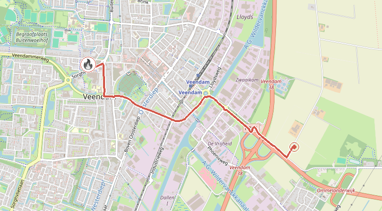 Kaart van de omgeving van de melding, met de kazerne die is gealarmeerd