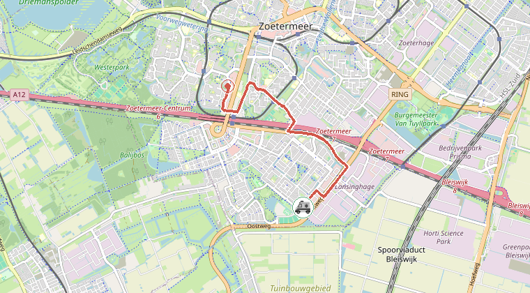 Kaart van de omgeving van de melding, met de kazerne die is gealarmeerd