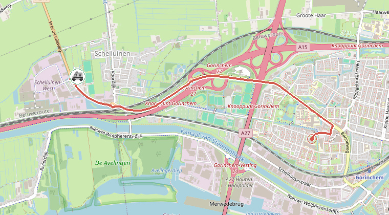 Kaart van de omgeving van de melding, met de kazerne die is gealarmeerd