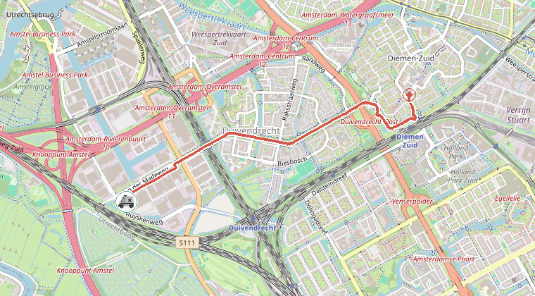 Kaart van de omgeving van de melding, met de kazerne die is gealarmeerd