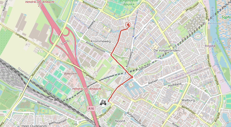Kaart van de omgeving van de melding, met de kazerne die is gealarmeerd