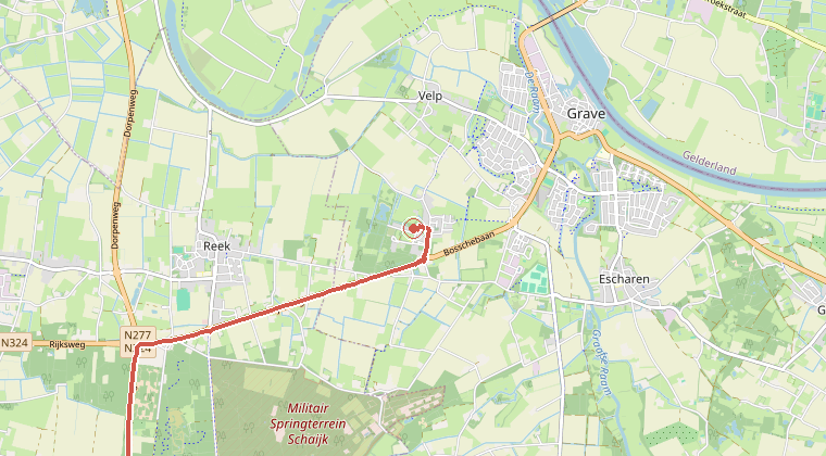 Kaart van de omgeving van de melding, met de kazerne die is gealarmeerd
