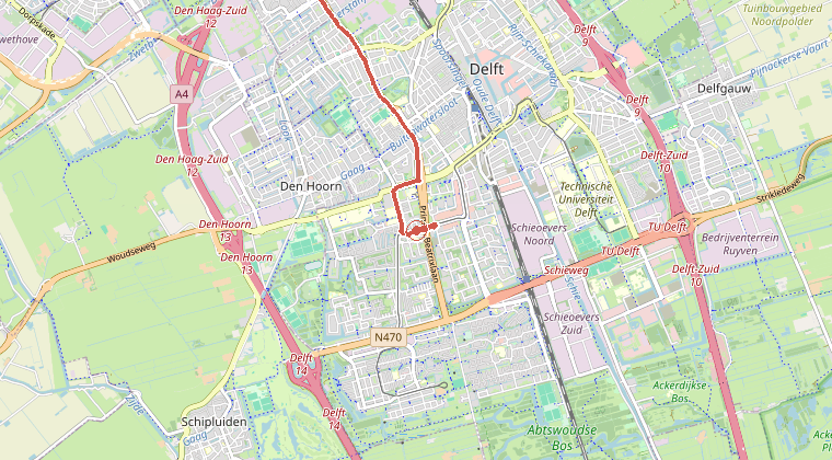 Kaart van de omgeving van de melding, met de kazerne die is gealarmeerd